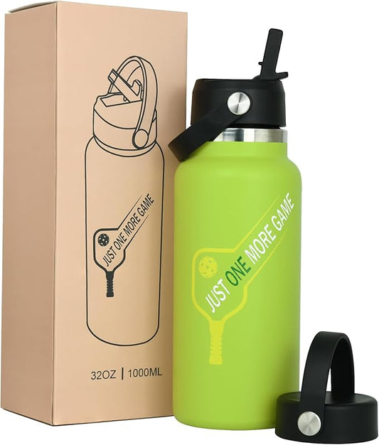 Pickleball Water Bottle 32 oz, Gifts for Pickleball Lovers, Wide Mouth Vacuum Insulated Sports Bottle with 2 Leakproof Lids, Stainless Steel Cup with Straw for Cold Drinks