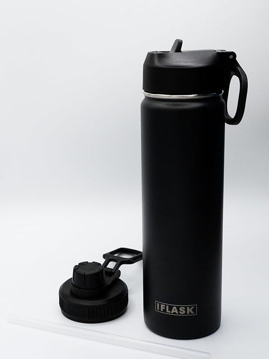 Sport Travel Outdoor Water Bottle with Spout and Straw Lids | Leak Proof | Insulated Stainless Steel Double Walled | BPA and Sweat free | Hot & Cold | For Kids Men & Women (Black, 22 oz)