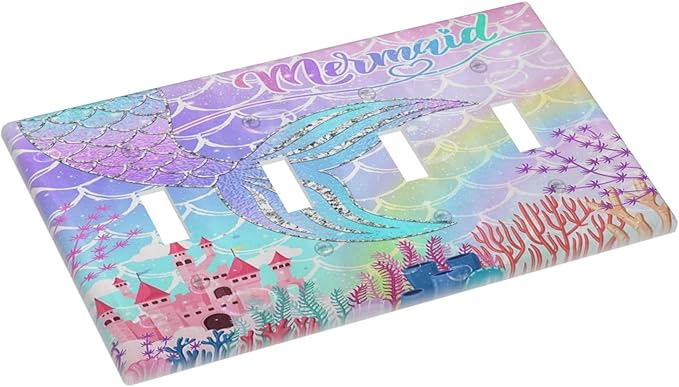Silvery Glitter Cute Mermaid Tail Fantasy Castle Quad Toggle Light Switch Covers 4 Gang Wall Plate Decorative Switchplate Electrical Faceplate for Kidroom Nursery Bedroom Kitchen Decor