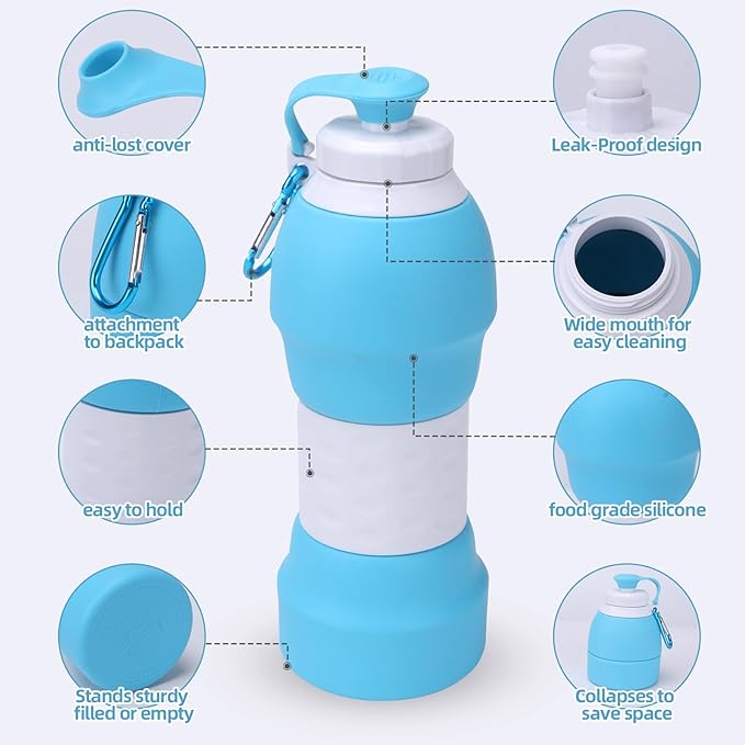 Collapsible Water Bottle, 19.6oz Leakproof Foldable BPA Free Silicone Reusable Sports Bottle, Portable Refillable Bottles with Carabiner, Ideal for Travel Hiking Outdoor Camping Gym (Blue)