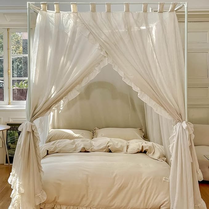 Elegant Modern Linen Princess 4 Corner Post Mosquito Net Romantic for Girls Women Bed Curtain Canopy for Adult Wedding Bedroom Kids Rooms Decoration (White-Beige, Queen)