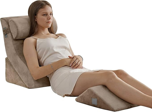 Qirroboni 4PCS Orthopedic Bed Wedge Pillow Set, Adjustable Pillows for Neck, Back and Leg Pain Relief Comfortable & Post Surgery Foam - Heartburn, Anti Snoring, Acid Reflux & GERD Sleeping Brown