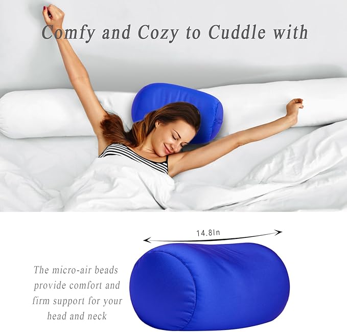 Microbead Body Pillow, Tube Microbead Bolster Bean Smooth Cool Pillow Neck Cervical Roll Pillow for Sleeping 7 x 12Inch Throw Travel Pillow(Sapphire Blue)