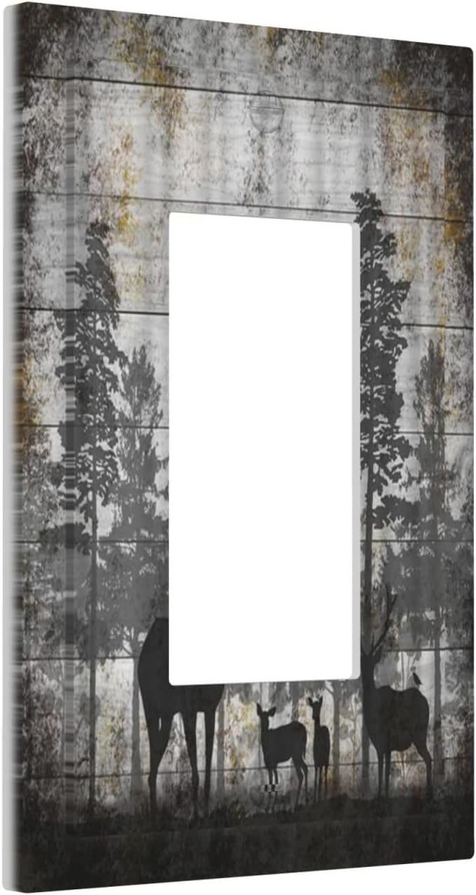 Rustic Deer Forest Vintage Wood Board 1 Gang Rocker Boho Light Switch Covers Decorative Country Unique Single Decora Outlet Wall Plate Faceplate Switchplate GFCI for Farmhouse Bedroom