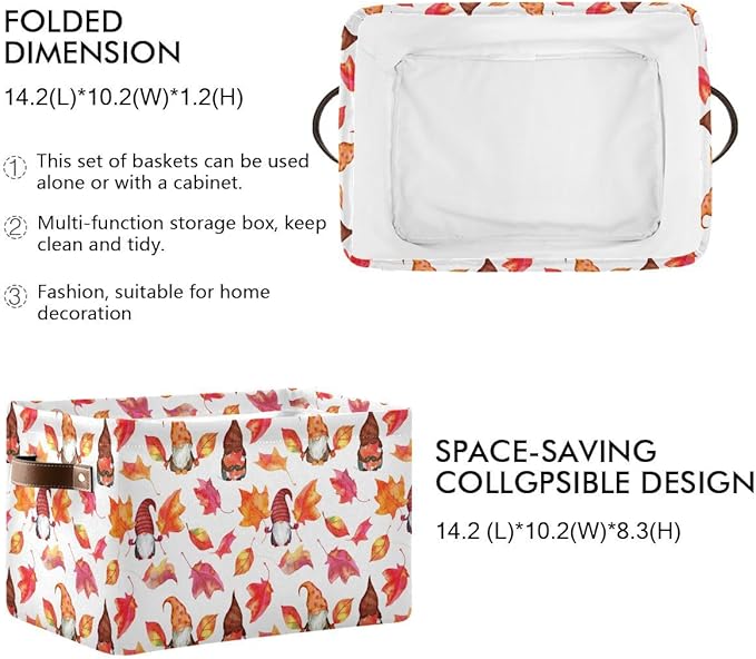 Fall Gnomes Storage Basket Fabric Kitchen Baskets Autumn Maple Leaves Open Home Storage Bins Boxes Foldable Organizer Bag for Baby Cloth Pet Toy Book Shelf Closet Baskets 16×12×8 Inches