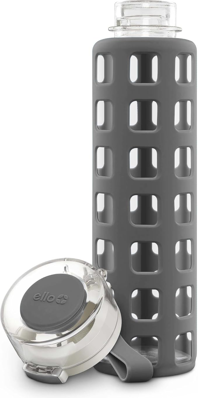 Ello Syndicate Glass Water Bottle with One-Touch Flip Lid and Protective Silicone Sleeve and Carry Loop, BPA Free, Dishwasher Safe,20oz
