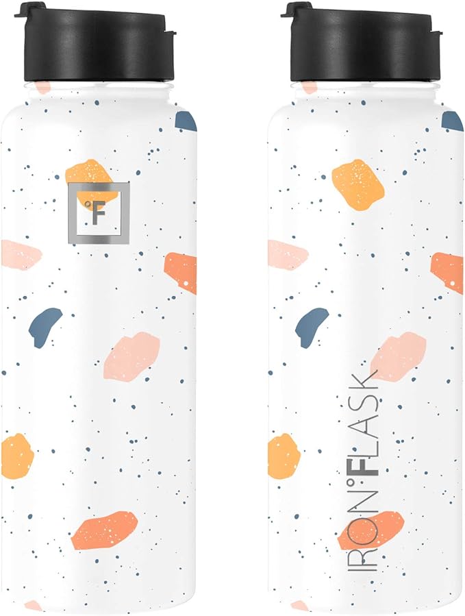 IRON °FLASK Sports Water Bottle - Wide Mouth with 3 Spout Lids - Stainless Steel Gym & Outdoor Bottles for Men, Women & Kids - Double Walled, Insulated Thermos, Metal Canteen - Terrazzo, 40 Oz