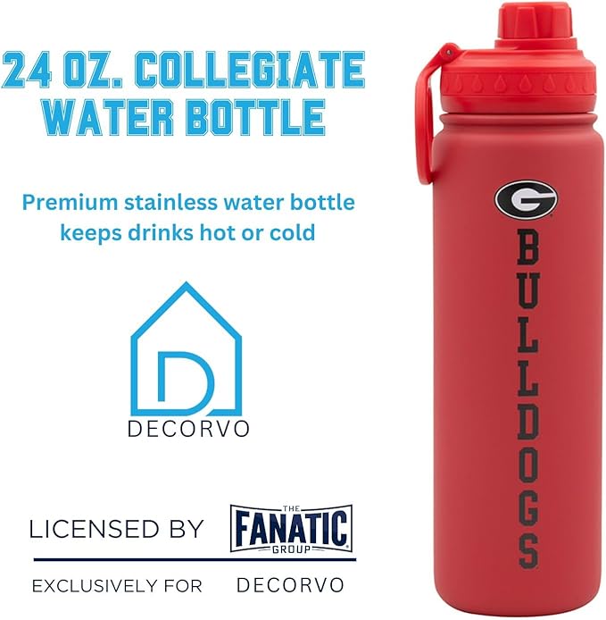 Georgia Bulldogs Water Bottle - Red Double Walled Stainless Steel 24 oz Keeps Drinks Cold or Hot