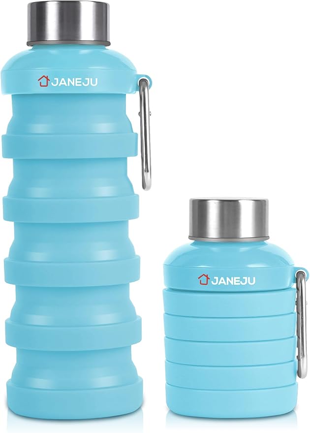 JaneJu Collapsible Water Bottle, 17oz BPA Free Silicone Reusable Portable Lightweight Foldable Water Bottles with Carabiner, Portable Leak Proof Sports Water Bottle (Blue)