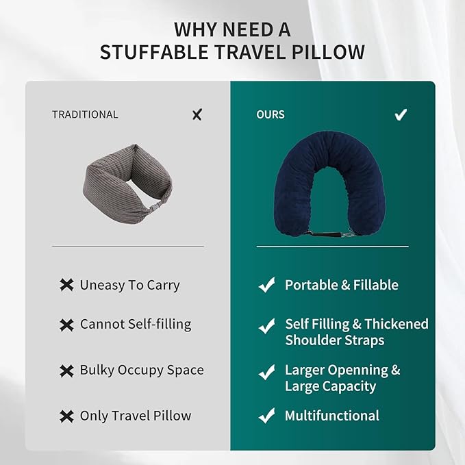 Stuffable Travel Pillow for Extra Luggage, Travel Neck Pillow Stuffable with Clothes, Stuffable Neck Pillow for Travel, Velvet Travel Neck Pillow Storage Bag, Fillable Luggage Pillow (Dark Blue)