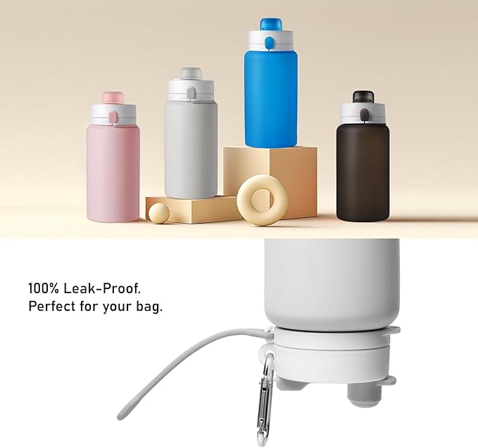 Opard Collapsible Water Bottles 19 Oz - BPA Free, Leak Proof, Foldable Silicone Collapse Bottle, Easy to Compact and Expandable, Travel Essentials Accessories