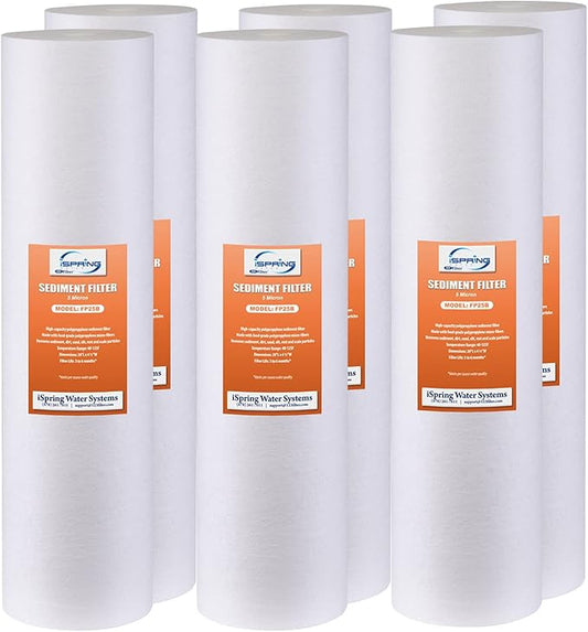 iSpring FP25BX6 High Capacity 20” x 4.5” Water Replacement Cartridges Fine Sediment Filters, 6 pieces / 5 microns, White, 6 Count