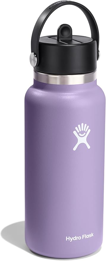 HYDRO FLASK Wide Mouth vacuum insulated stainless steel water bottle with leakproof closeable straw lid for cold water drinks, sports, travel, car and school