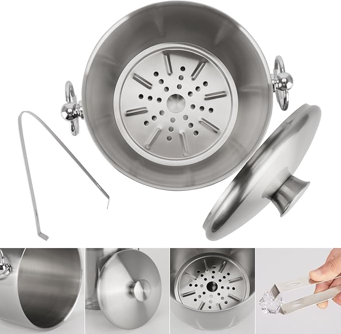 Ice Bucket with Lid, Double Wall Stainless Steel insulated ice bucket, Champagne Bucket, Wine Bucket for parties, cocktail bar, Sliver, 3L