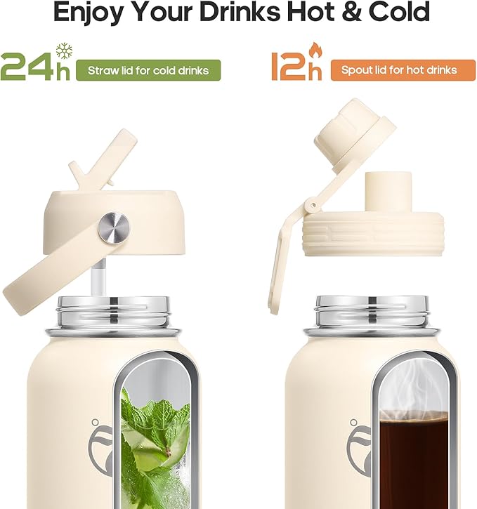 Insulated Water Bottles 40 oz with 2 Leak Proof Lids & Water Bottle Holder, Wide Mouth Sport Water Bottle with Straw, Reusable Stainless Steel Water Flask, Double Walled Vacuum Thermos