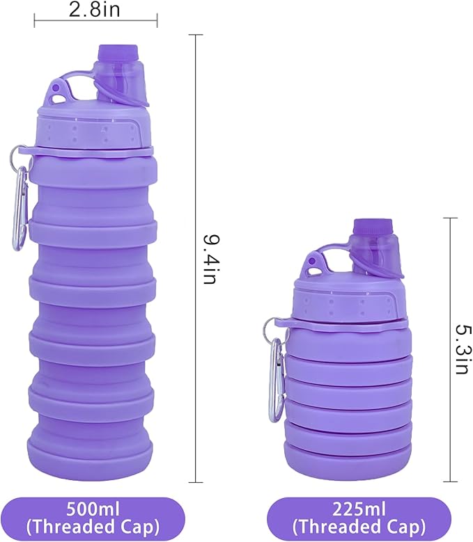 Collapsible Water Bottles Two Pack Travel Sports Portable Sport Water Bottle comes with mountaineering Buckle 500ml silicone Water-proof camping water bottle (Blue and Pueple Color)