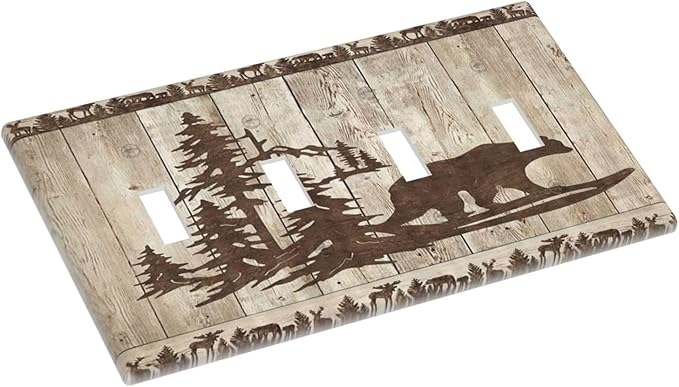 Rustic Wood Bear Forest Quad Toggle Light Switch Cover Decorative Vintage Antique Cabin 4 Gang Wall Plate Electrical Faceplate Switchplate for Farmhouse Bathroom Bedroom Living Room Decor