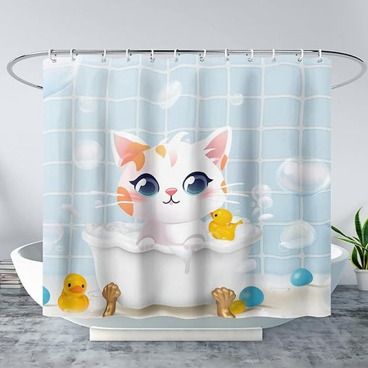 AILONEN Cartoon Bathtub Cat Shower Curtain for Kids 72" W*96" H Kawaii Shower Kitten and Duck Shower Curtain,Polyester Waterproof Fabric Decor for Bathroom Bathtub Panels