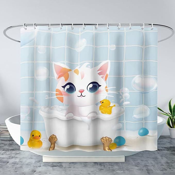 AILONEN Cartoon Bathtub Cat Shower Curtain for Kids 72" W*84" H Kawaii Shower Kitten and Duck Shower Curtain,Polyester Waterproof Fabric Decor for Bathroom Bathtub Panels