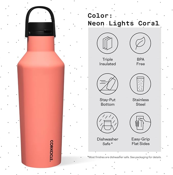 Corkcicle Insulated Canteen Travel Water Bottle, Triple Insulated Stainless Steel, Easy Grip Quick Sip Cap, Keeps Beverages Cold for 25 Hours or Warm for 12 Hours, 32oz, Neon Lights Coral