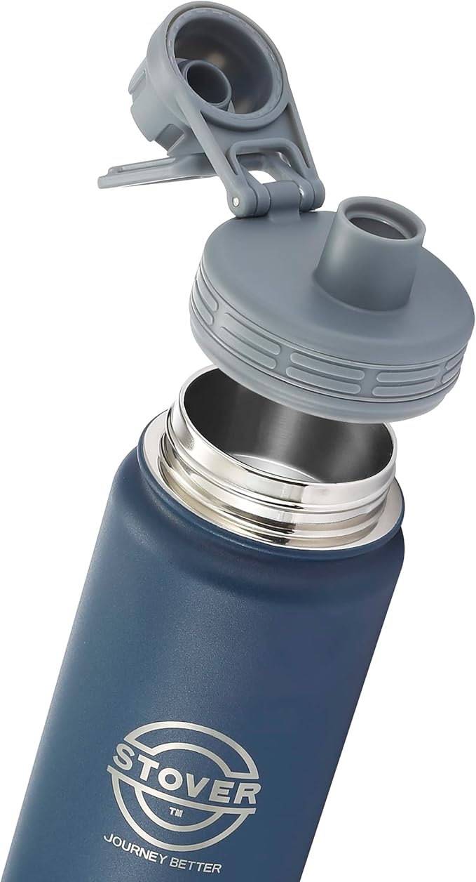 STOVER 25oz Insulated Water Bottle, Wide Mouth Double-Walled Stainless Steel- Vacuum Sealed, Leakproof, Durable, Slim Design Fits in Cup Holder- Flip Top Lid/Spout for Travel- Women/Men (Navy Blue)