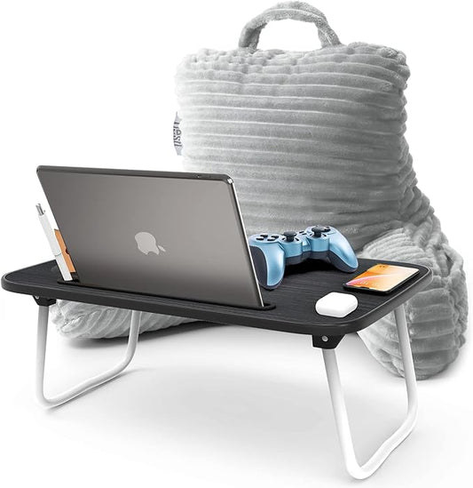 Nestl Reading Pillow with Portable Lap Desk Stand for Laptop 19x11”, Cut Plush Striped Back Pillow, Back Support Pillow, Shredded Memory Foam Bed Rest Pillow with Arms for Kids & Teens, Small - Silver