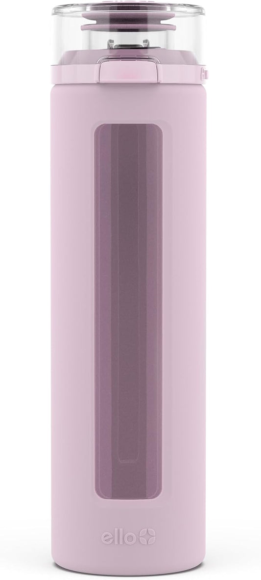 Ello Syndicate Glass Water Bottle with One-Touch Flip Lid and Protective Silicone Sleeve and Carry Loop, BPA Free, Dishwasher Safe,20oz