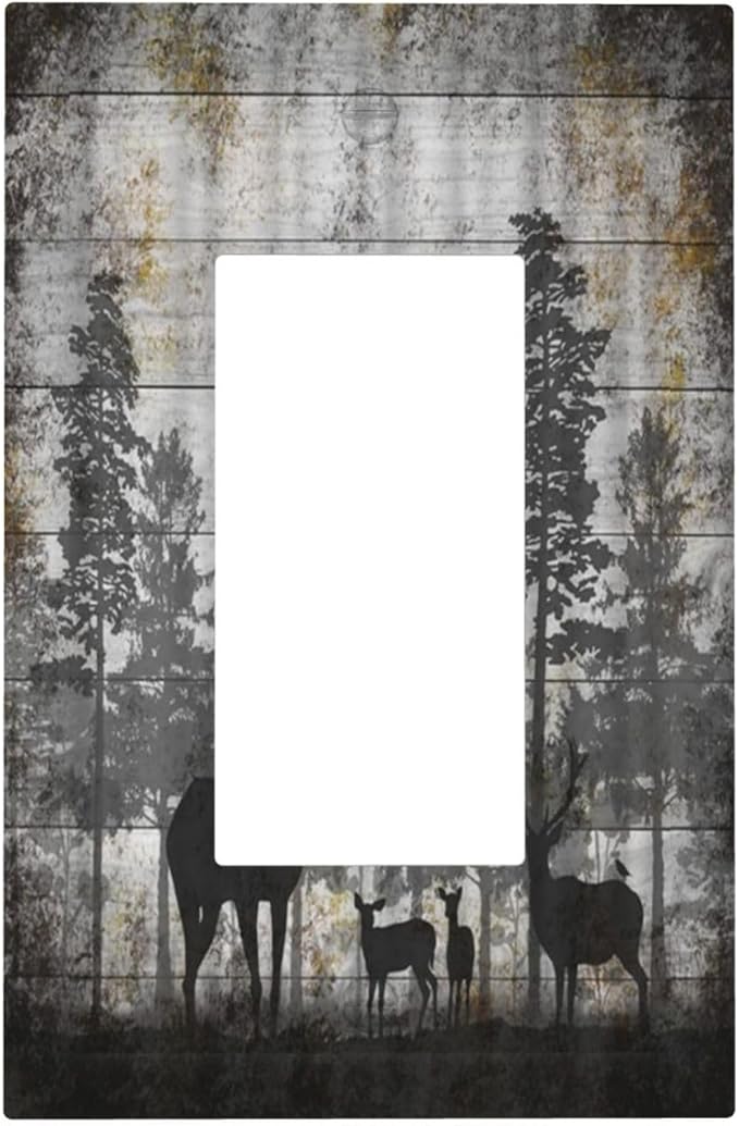 Rustic Deer Forest Vintage Wood Board 1 Gang Rocker Boho Light Switch Covers Decorative Country Unique Single Decora Outlet Wall Plate Faceplate Switchplate GFCI for Farmhouse Bedroom