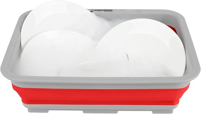 Collapsible Cleaning Caddy - Portable Multi-use Wash Basin, Dish Tub, or Ice Bucket with 7.27L Capacity for Camping and Tailgating by Wakeman (Red)
