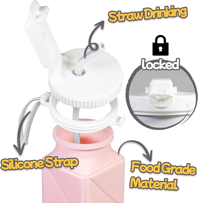 Collapsible Water Bottle, Silicone Foldable Water Bottles For Travel, Easy-To-Carry Design And Compact Size, BPA Free, 20 oz (2-Pack, Pink & Blue (Cuboid))