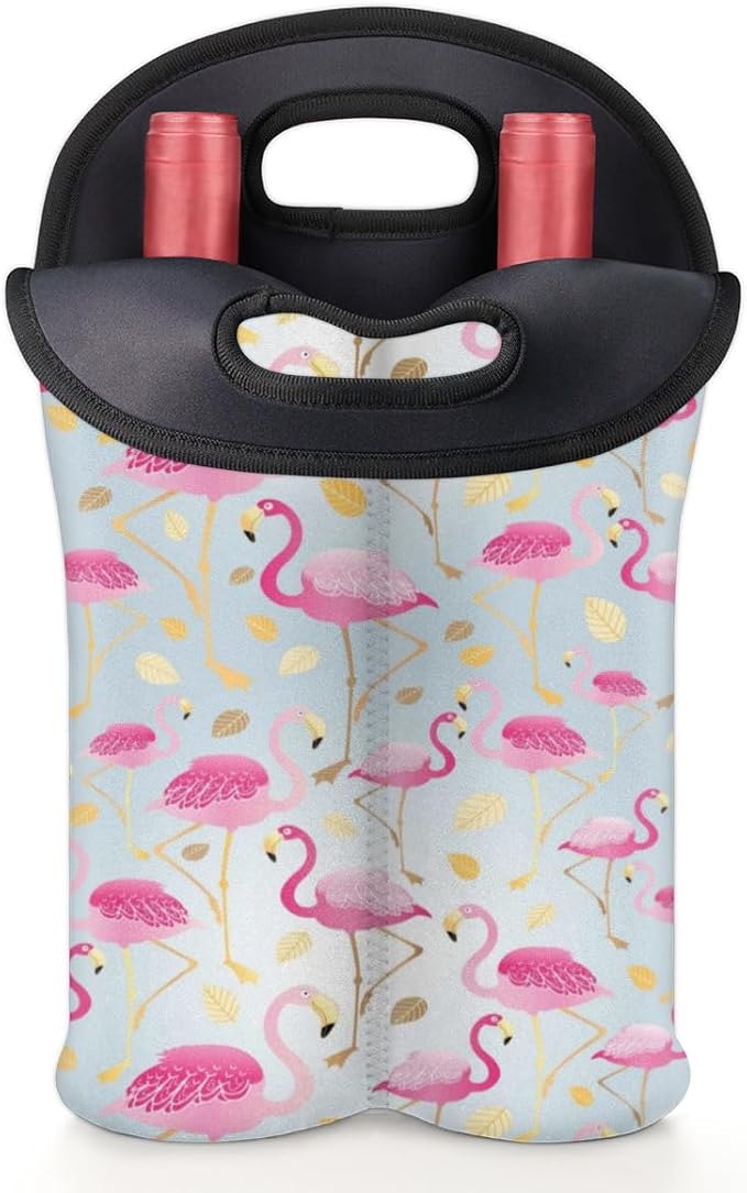 Pink Flamingo 2-Bottle Wine Gift Tote Carrier Gold Leaves Neoprene Wine Tote Bags Holder Cooler Wine Gift for Women Men