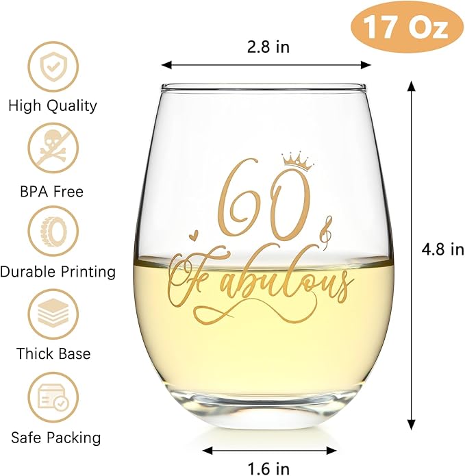 DAZLUTE 60th Birthday Gifts for Women, 60 & Fabulous Wine Glass with 1 Pack Reusable Burlap Wine Bag, 60 Year Old Wine Glass Birthday Gift for Women Mom Friend Sister Wife Aunt Grandma, 17 Oz Gold
