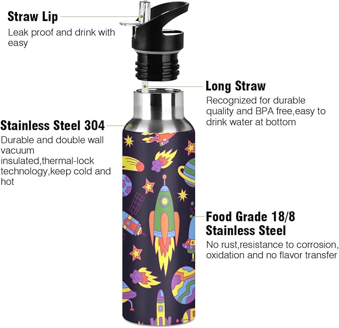 Outer Space Rocket Space Ship Ufo Stainless Steel Water Bottle with Straw Lid - 20 Oz Sports Insulated Water Bottle Thermos for Sport Gym Outdoor Travel School