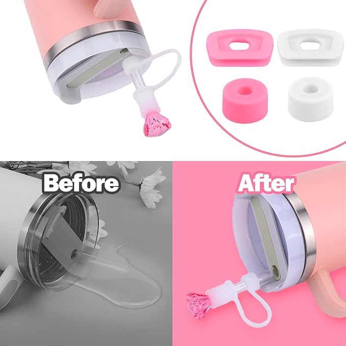 Mity rain Set for Stanley Cup Accessories, Including 2Pcs Diamond Straw Topper, 4 Pcs Silicone Spill Proof Stopper, 2Pcs Protective Glitter Silicone Boot, Pink and White Set for Stanley Cup 40/30 OZ