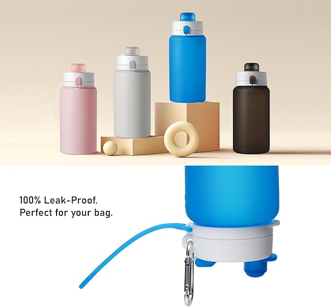 Opard Collapsible Water Bottles 19 Oz - BPA Free, Leak Proof, Foldable Silicone Collapse Bottle, Easy to Compact and Expandable, Travel Essentials Accessories