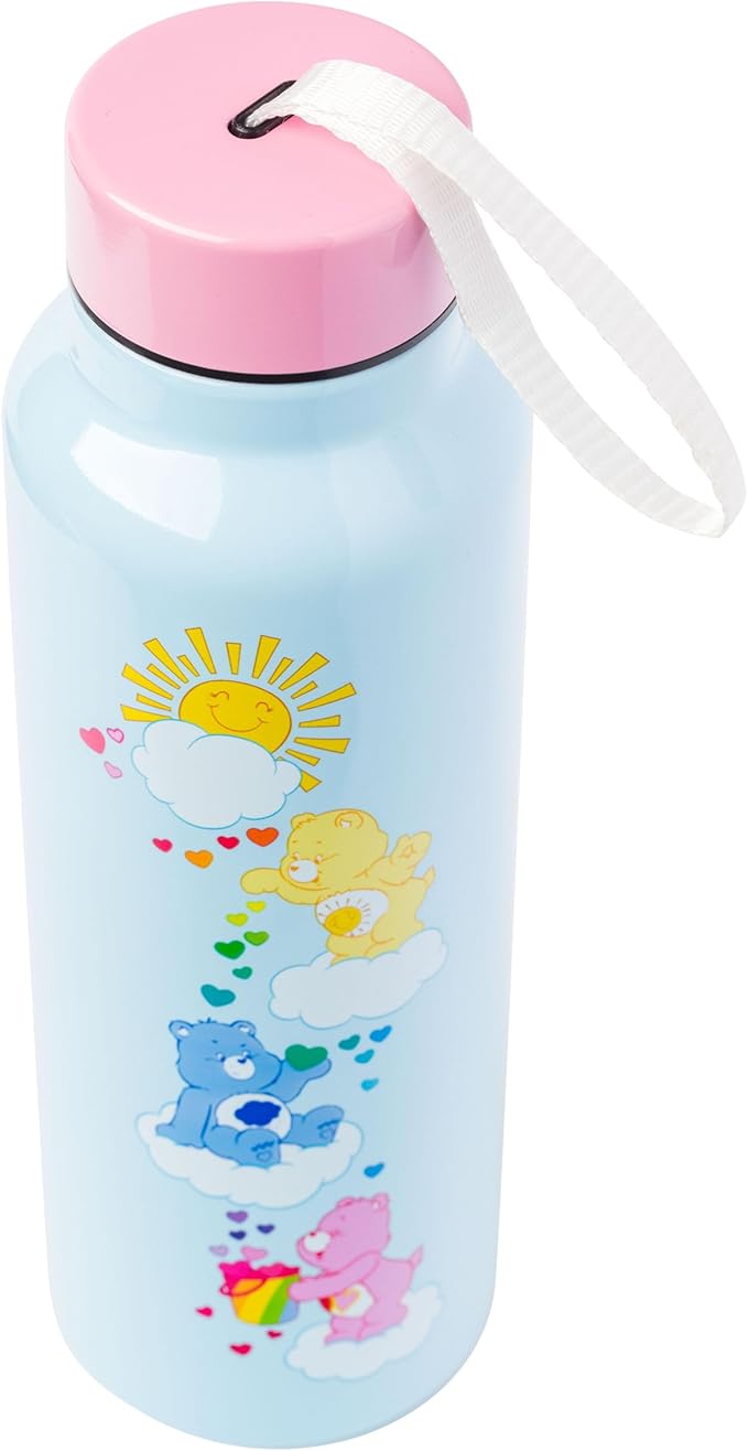 Silver Buffalo Care Bears Sun Shower Stainless Steel Blue Water Bottle with Strap, Features Cheer Bear, Funshine Bear, and Tenderheart Bear, 27 Ounces
