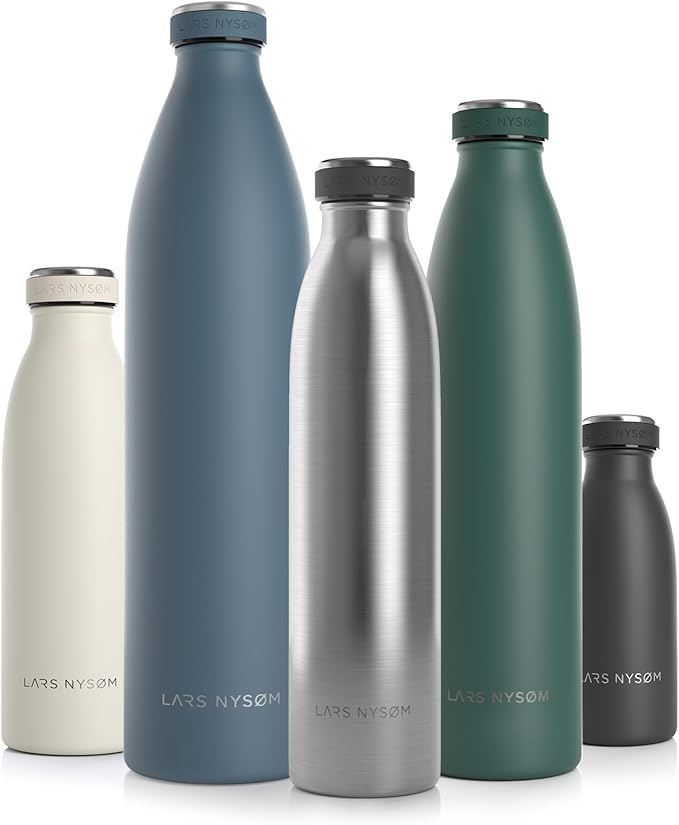 LARS NYSØM Stainless Steel Insulated Water Bottle 12oz 17oz 25oz 34oz 51oz | BPA-free Insulated Thermo Flask for Hot and Cold Beverages | Leakproof Drinking Bottle (Stainless Steel, 25oz)