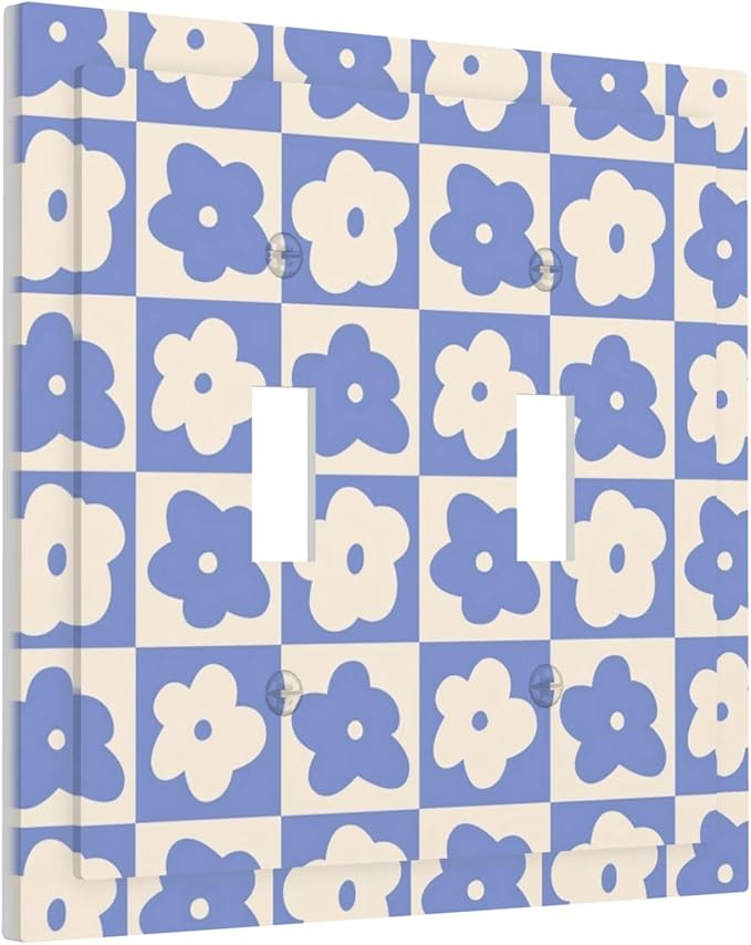 Blue and Cream Floral Checked Plaids Double Toggle Light Switch Covers 2 Gang Wall Plate Dual Decorative Switchplate Electrical Faceplate for Bathroom Country Kitchen Bedroom Decor, 4.9" x 5"
