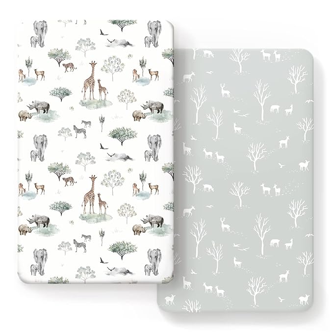 GRSSDER Stretch Ultra Soft Jersey Knit Fitted Crib Sheets Set 2 Pack，Fit All Standard Crib Mattress Pads Safe and Snug, Crib Fitted Sheet for Boys and Girls, Pretty African Savannah Animals Pattern