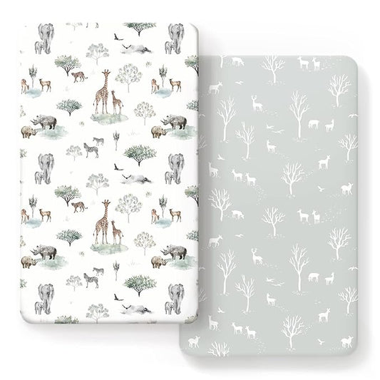GRSSDER Stretch Ultra Soft Jersey Knit Fitted Crib Sheets Set 2 Pack，Fit All Standard Crib Mattress Pads Safe and Snug, Crib Fitted Sheet for Boys and Girls, Pretty African Savannah Animals Pattern
