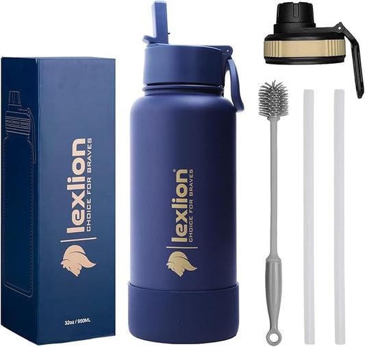 Water Bottle 32oz, Triple Walled Insulated Stainless Steel Reusable Bottle, Silicone Sleeve, Cleaning Brush, 2 Lids (Spout lid & Straw lid w/2 straw), Metal Mug Gallon, BPA Free, Twilight Blue