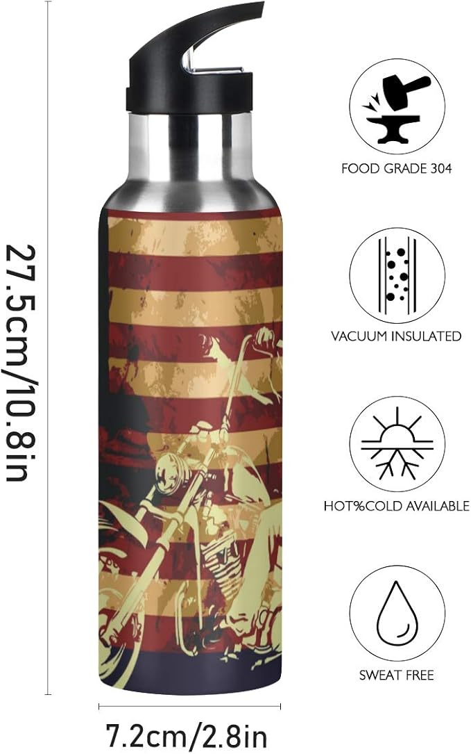 Skull Motorcycle American Flag Water Bottle - Reusable Water Bottle for Gym Bike Running Cycling 600 Milliliter 22 Ounce Stainless Steel Sports Water Bottle