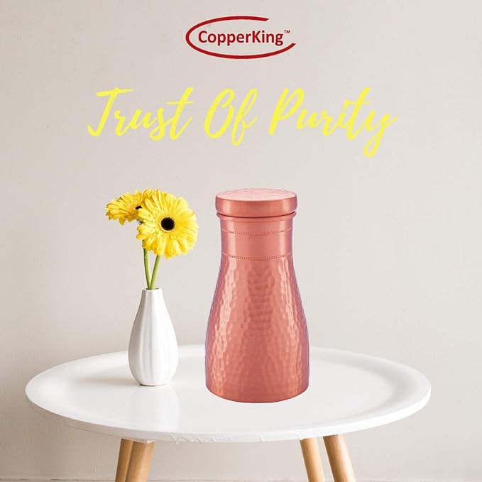 Pure Copper Hammered Pitcher with Inbuilt Tumbler | Ayurvedic Solid Copper Water Bottle Drinking Jar with Cup Galss | Best Use Carafe for Office, Bedroom, Dining Table Pot 37oz / 1100 ML / 1.1 Liter