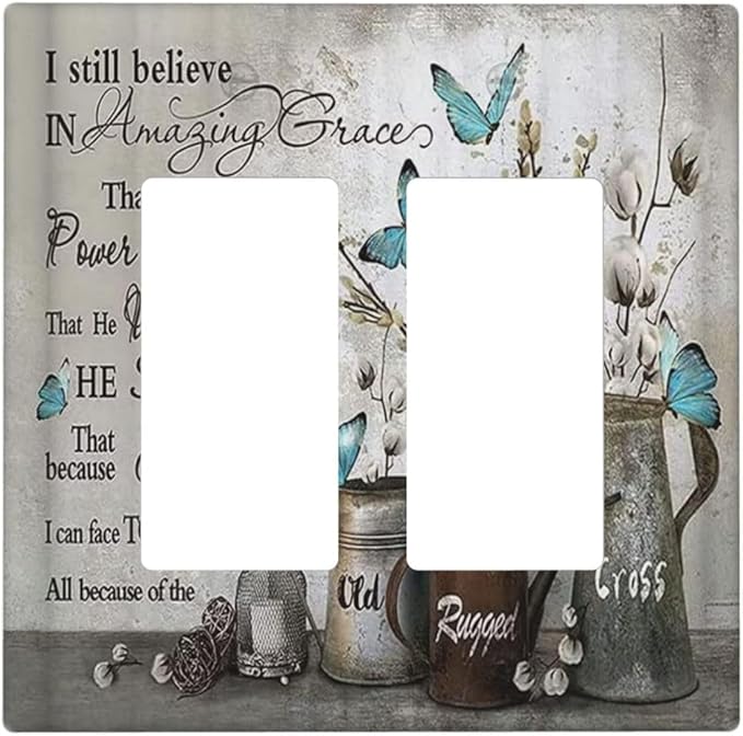 Blue Butterfly Rustic Flower Inspirational Quotes 2 Gang Rocker Decora Light Switch Covers Dual Outlet Covers Wall Plate Decorative Switchplate Electrical Faceplate GFCI for Country Bedroom Decor
