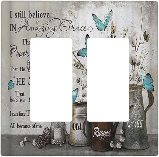Blue Butterfly Rustic Flower Inspirational Quotes 2 Gang Rocker Decora Light Switch Covers Dual Outlet Covers Wall Plate Decorative Switchplate Electrical Faceplate GFCI for Country Bedroom Decor
