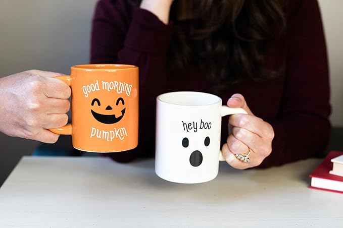 Pearhead Halloween Mug Set, Good Morning Pumpkin and Hey Boo Coffee Mugs, Novelty Fall Holiday Cups, Set of 2, 13 oz