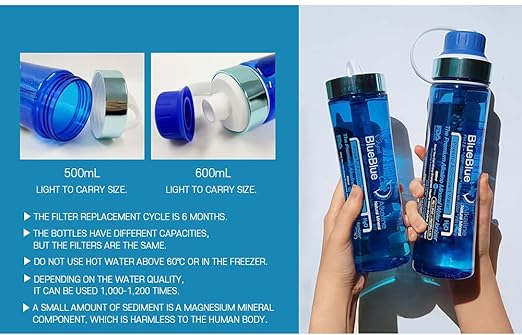 Mymi BlueBlue Alkaline Mineral 9 Stage Filter Water Bottles Alkaline Mineral Water Ionizer Portable Water Bottle (Filter Bottle 600 ML) Made in Korea