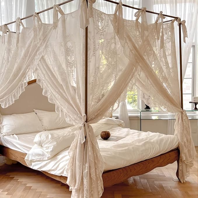 Elegant Lace Princess 4 Corner Post Mosquito Net Romantic for Girls Women Bed Curtain Canopy for Adult Wedding Bedroom Kids Rooms Decoration (Color-C, Queen)