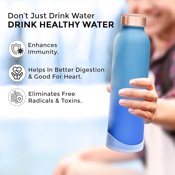 Copper Water Bottle 30 oz 900 ml | 100% Pure Copper With Added Health Benefits | Ergonomic Design | Water Bottle for School, Office | Leakproof, Durable, Lightweight | Easy to Clean, Ombré Blue