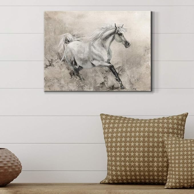Renditions Gallery Canvas Animal Wall Art Modern Decorations Paintings Elegant Running Horse Abstract Black & White Figurative Artwork Prints for Bedroom Office Kitchen - 12"x18" LT33
